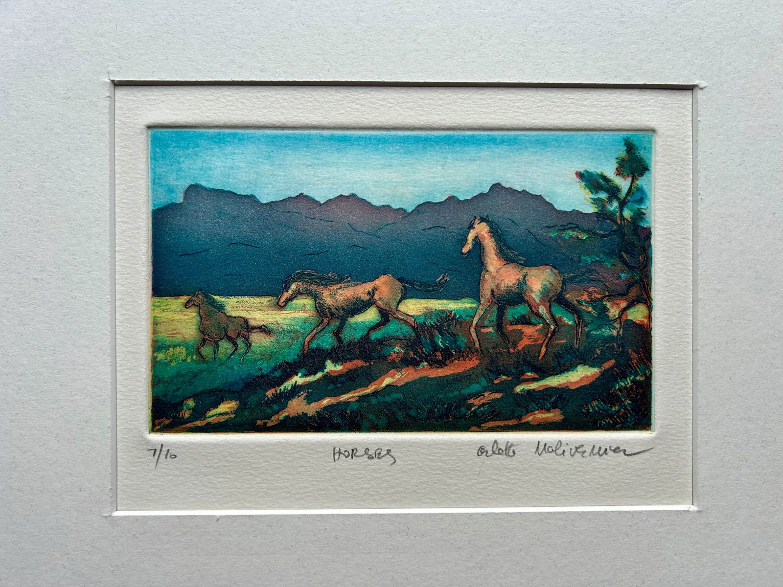 Contemporary Hand Colored Etching of Horses in Field - 3