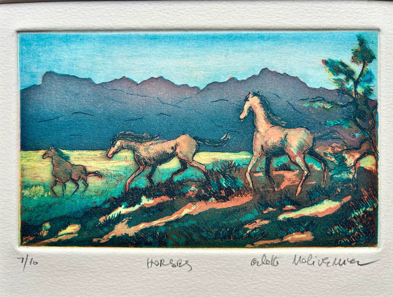 Contemporary Hand Colored Etching of Horses in Field - 4