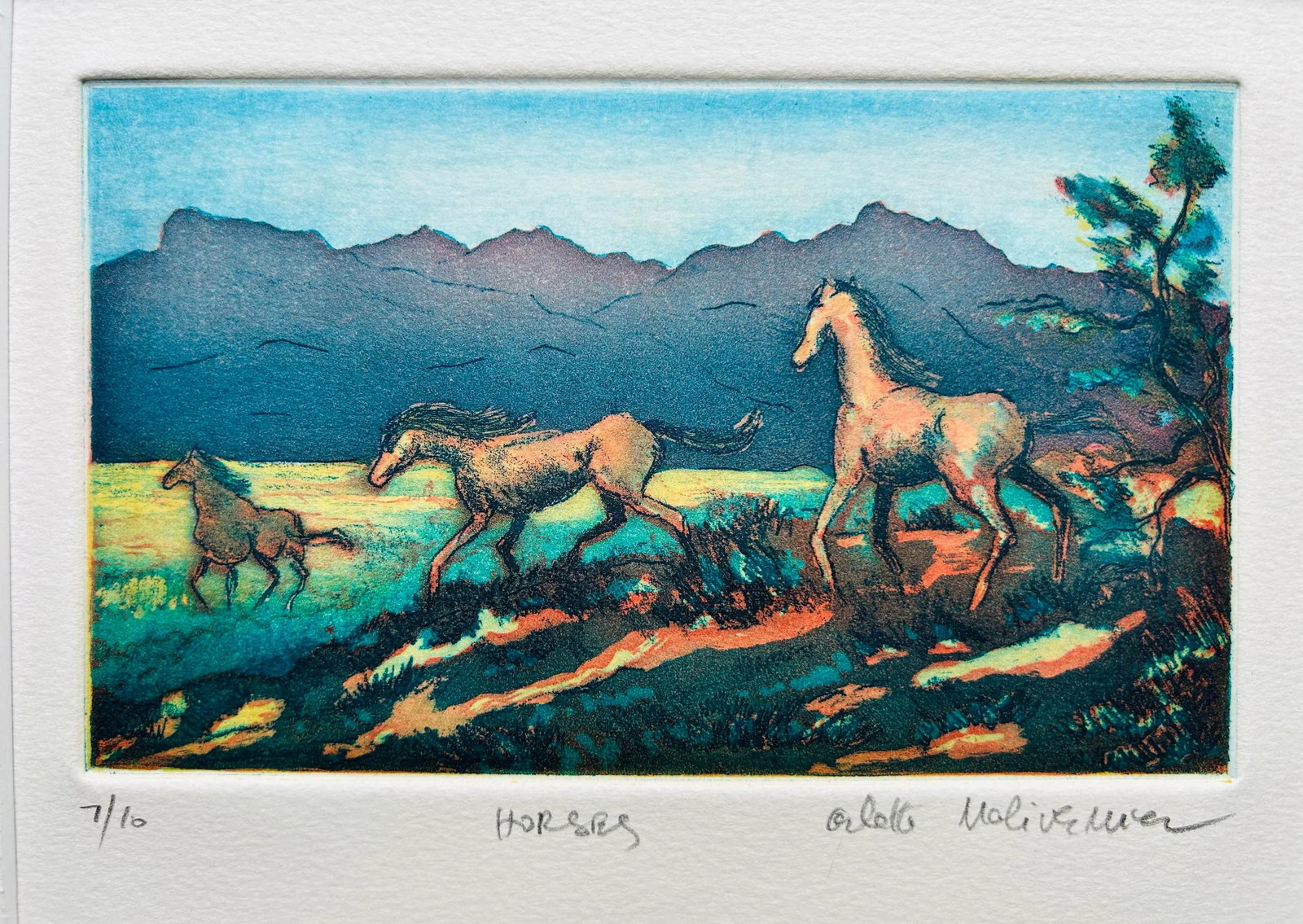 Contemporary Hand Colored Etching of Horses in Field - 5