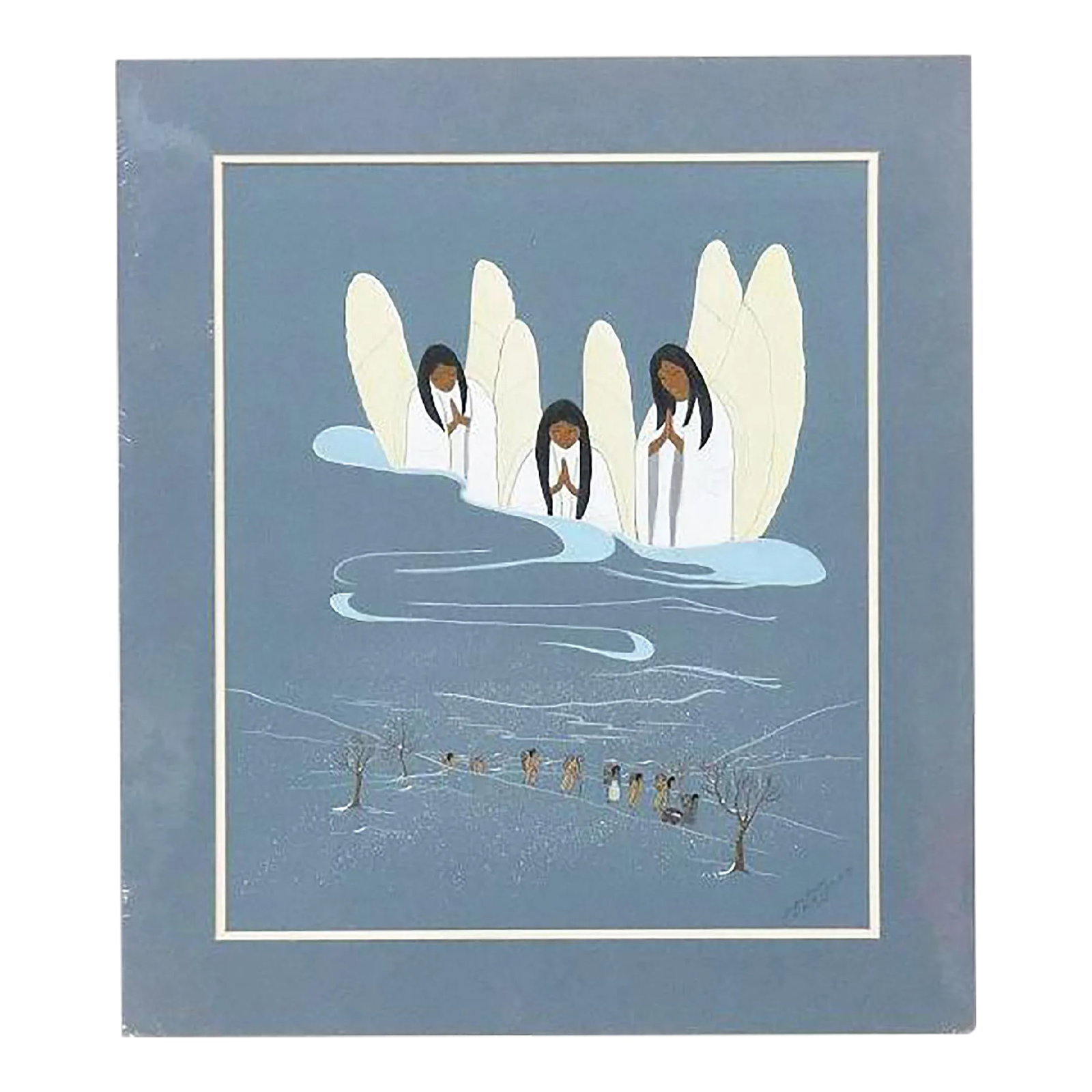 Original Signed "Guardian Angels, Trail of Tears" by Nadine Marler 20th Century Cherokee, 1975: Original Signed "Guardian Angels, Trail of Tears" by Nadine Marler (20th C.) Cherokee, 1975. Beautiful depiction of angels overlooking people walking the 'Trail of Tears'. Artwork is matted and ready
