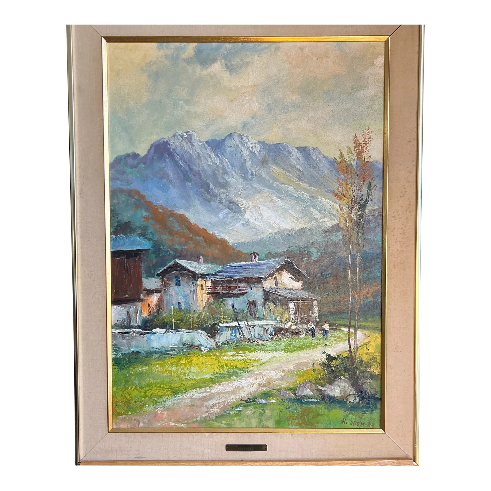 Oil on Canvas Made by Emilio Giuseppe Dossena Signed Framed Mountain Village: Emilio Giuseppe Dossena was born in 1908 in Florence Italy and studied at Academy of Belle Arts in Florence , then continued in Rome and Milan . This painting was made in 1940 and imported to US by Re