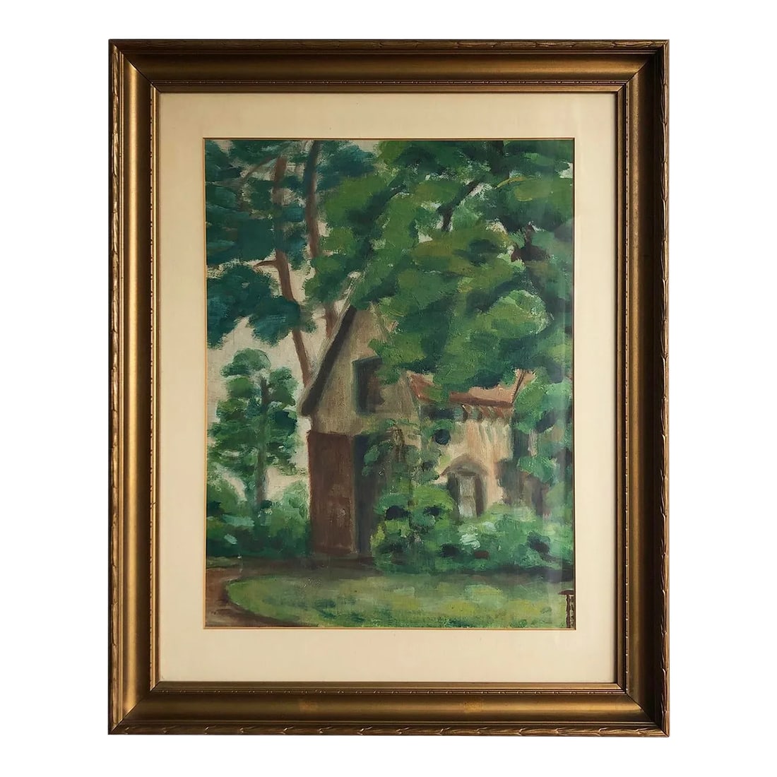 Vintage Impressionist Painting of a House in the Forest, 1960's: There's something eerily beautiful about this simple, but rich painting. It depicts a quaint, enchanting cottage nestled deep within a lush, verdant forest that seems to be straight out of the Hansel