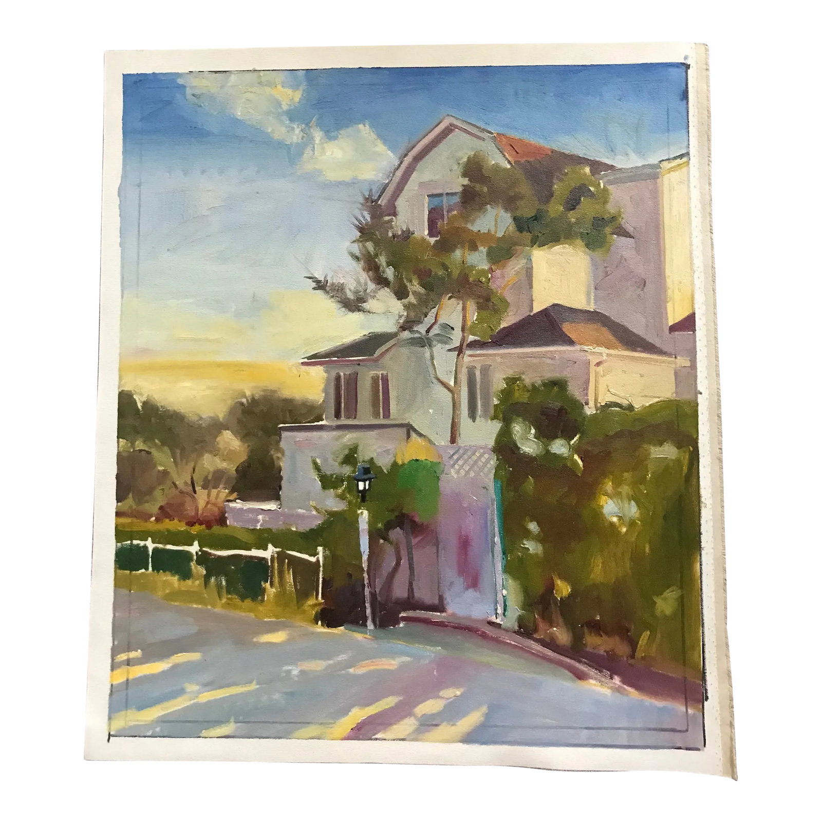 Sun-Dappled House on the Hill Oil Painting: This original David Beynon Pena oil on canvas was painted on a sunny day on location in Pasadena, California. David especially liked the standing lamp post at the foot of the driveway and how the