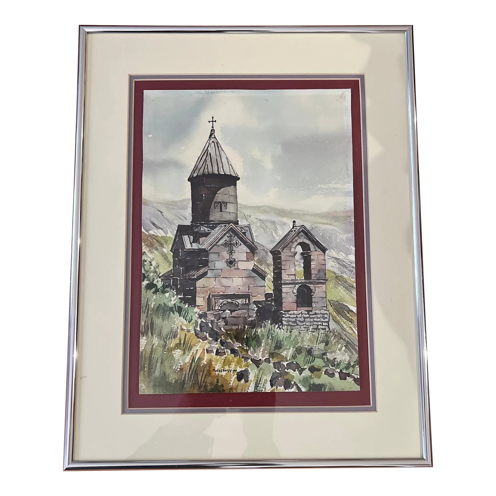 Watercolour on Paper by P. Jangirov Made in 1994 Spitakavor Church Framed Signed (1 of 7)