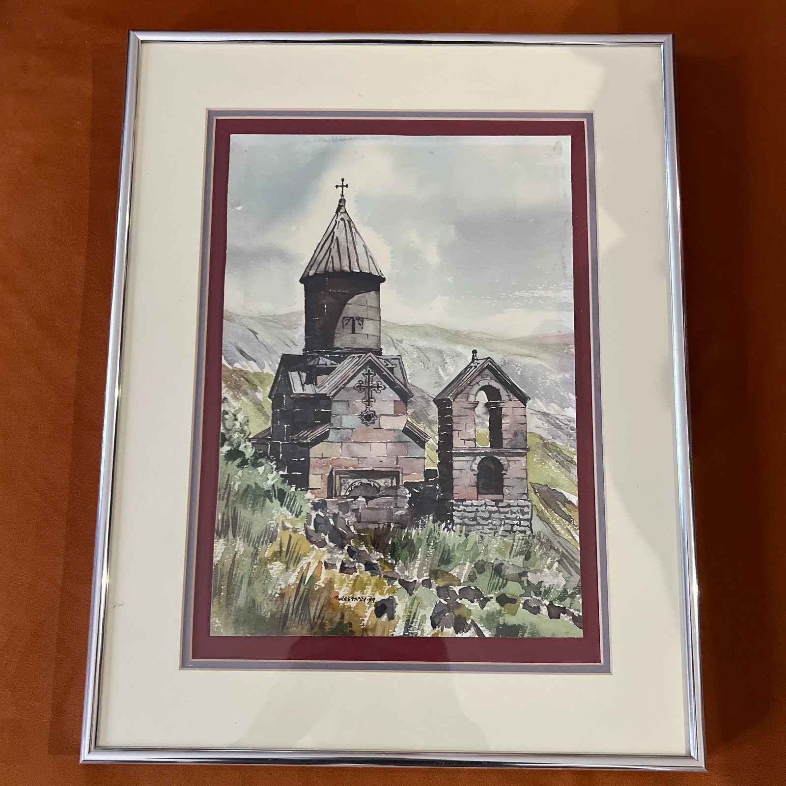 Watercolour on Paper by P. Jangirov Made in 1994 Spitakavor Church Framed Signed - 2