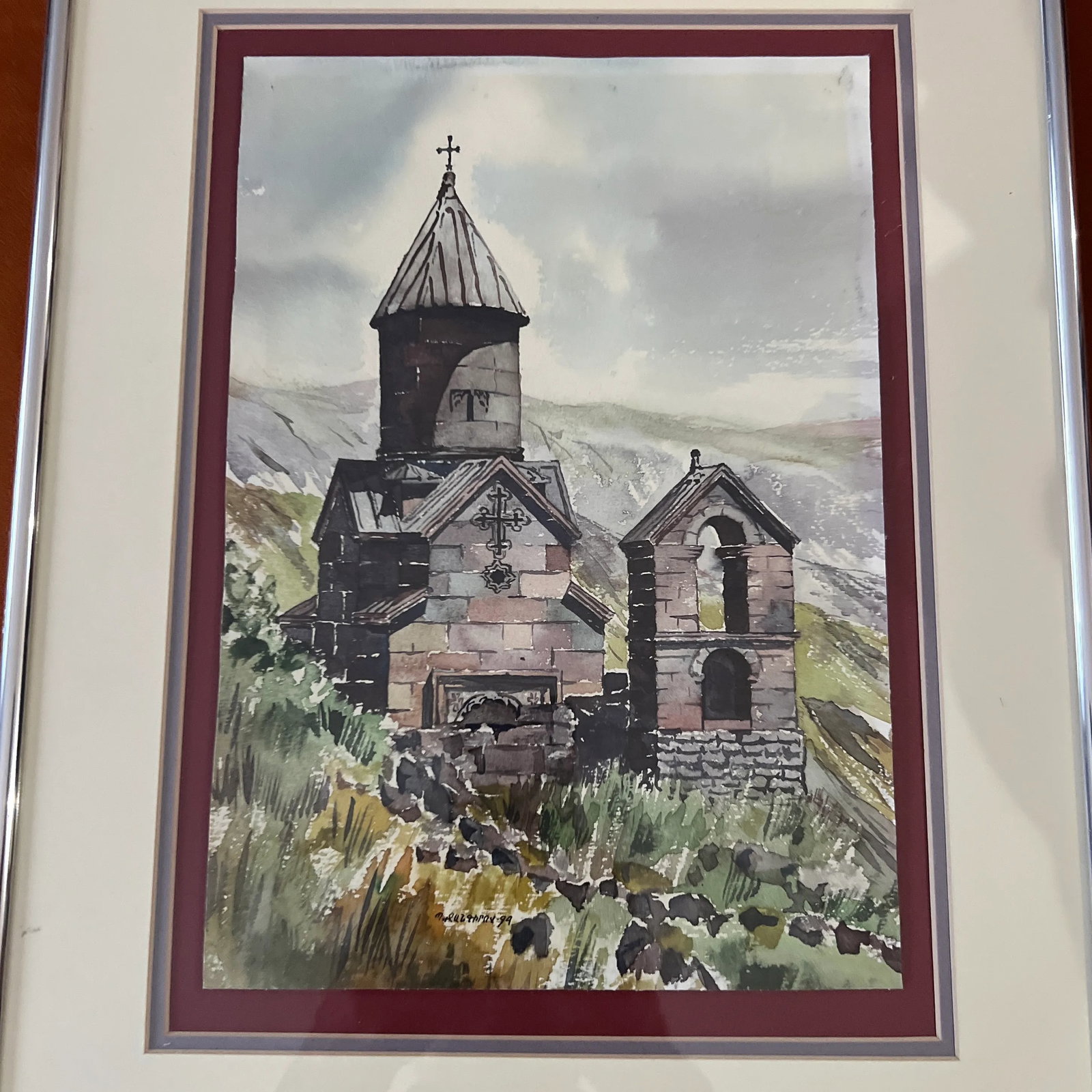 Watercolour on Paper by P. Jangirov Made in 1994 Spitakavor Church Framed Signed - 3