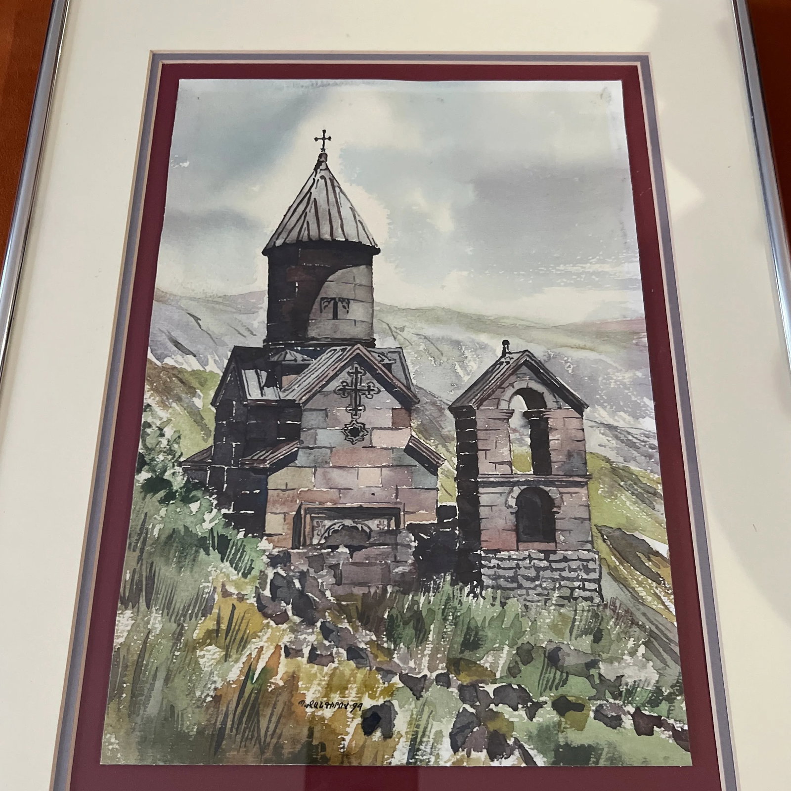 Watercolour on Paper by P. Jangirov Made in 1994 Spitakavor Church Framed Signed - 4