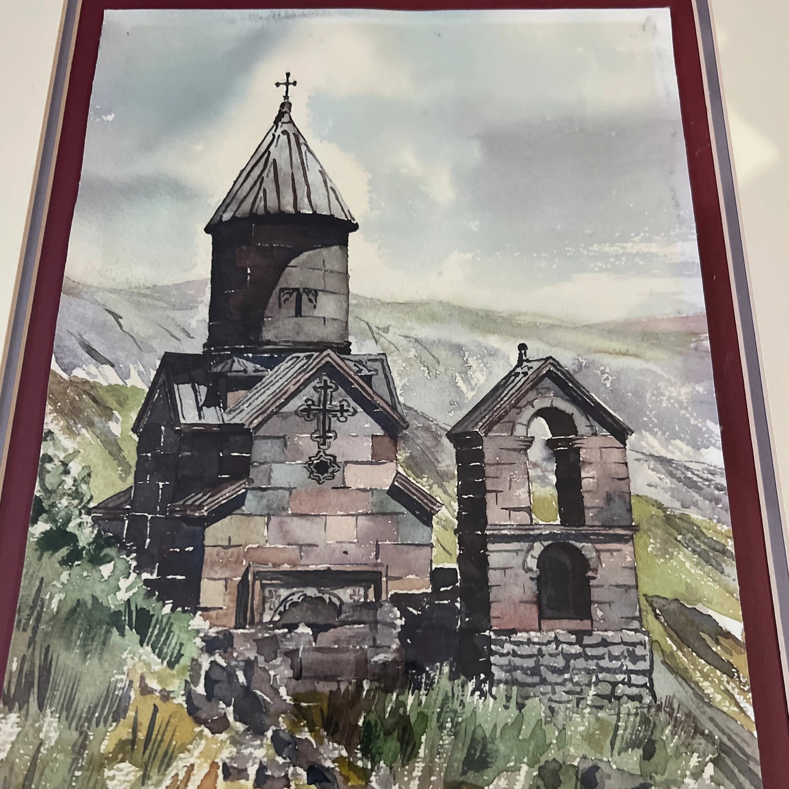Watercolour on Paper by P. Jangirov Made in 1994 Spitakavor Church Framed Signed - 5