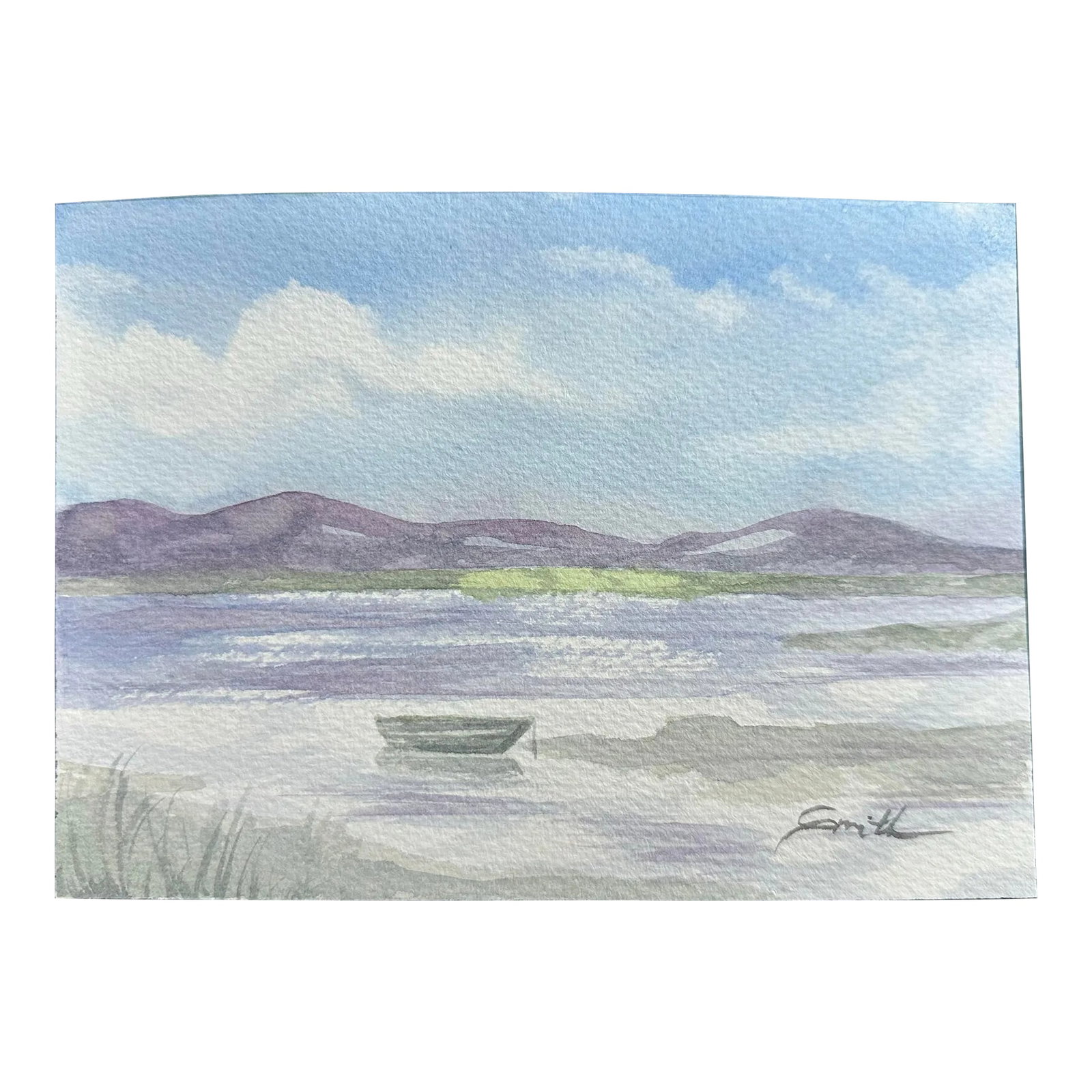Signed Original Watercolor Painting: A boat in the water with purple hills in the background. Signed and ready to frame. Nancy Smith studied art at Kalamazoo Institute of Arts, Olivet Nazarene University and then with world renowned
