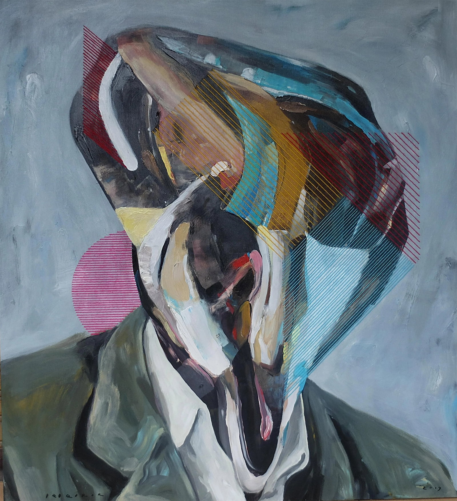 Framed Contemporary "Shape of Face No. 5" Original Mixed Media Artwork by Iqi Qoror: Iqi Qoror's surreal figurative paintings are arresting in their earthy palettes offset by pops of fluorescent textile embroidery. His artworks revolve around questions of trust, interspersed with