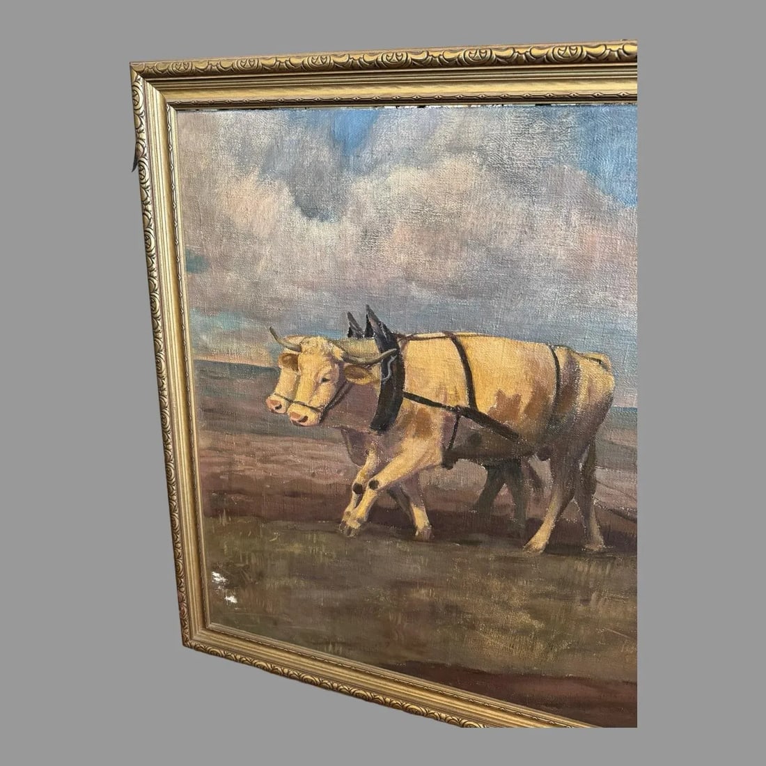 Antique Impressionist Landscape Oil Painting Oxen Working in the Field 1941 - 10