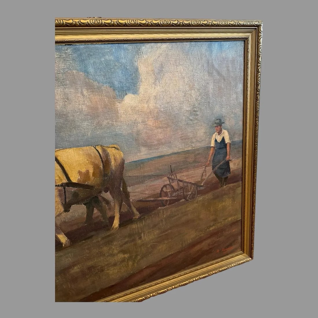 Antique Impressionist Landscape Oil Painting Oxen Working in the Field 1941 - 11