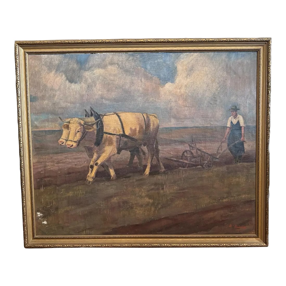 Antique Impressionist Landscape Oil Painting Oxen Working in the Field 1941: Antique oil painting landscape on board depicts worker in the field plowing with oxen, fluffy white clouds and blue sky overhead. Done in Impressionistic style, signed by artist in lower right corner