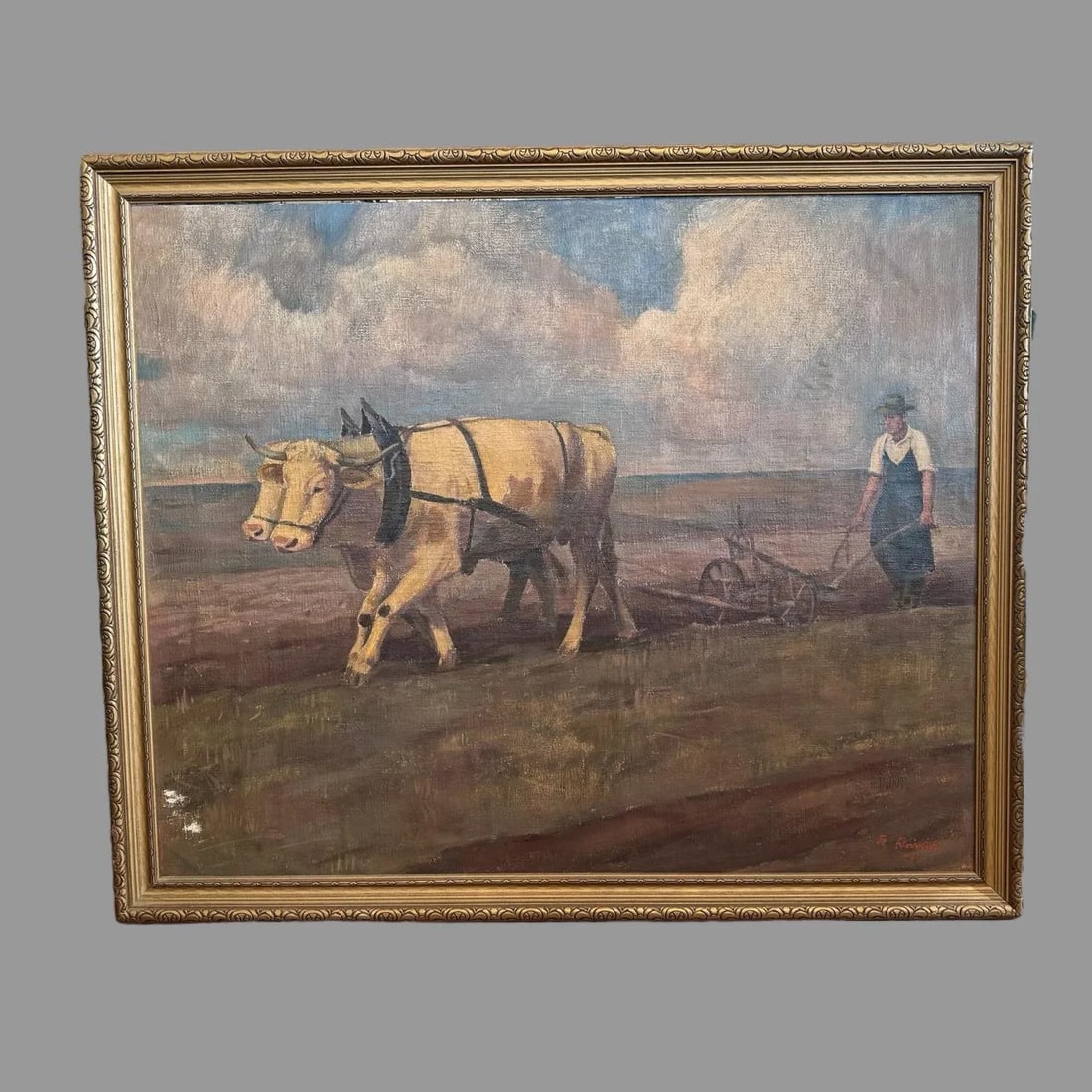 Antique Impressionist Landscape Oil Painting Oxen Working in the Field 1941 - 2