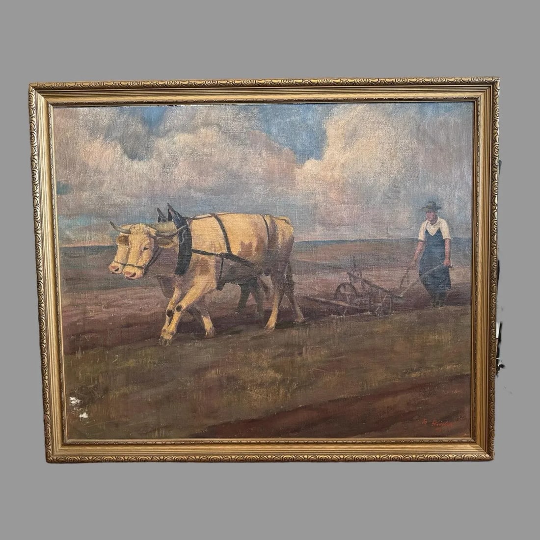 Antique Impressionist Landscape Oil Painting Oxen Working in the Field 1941 - 3