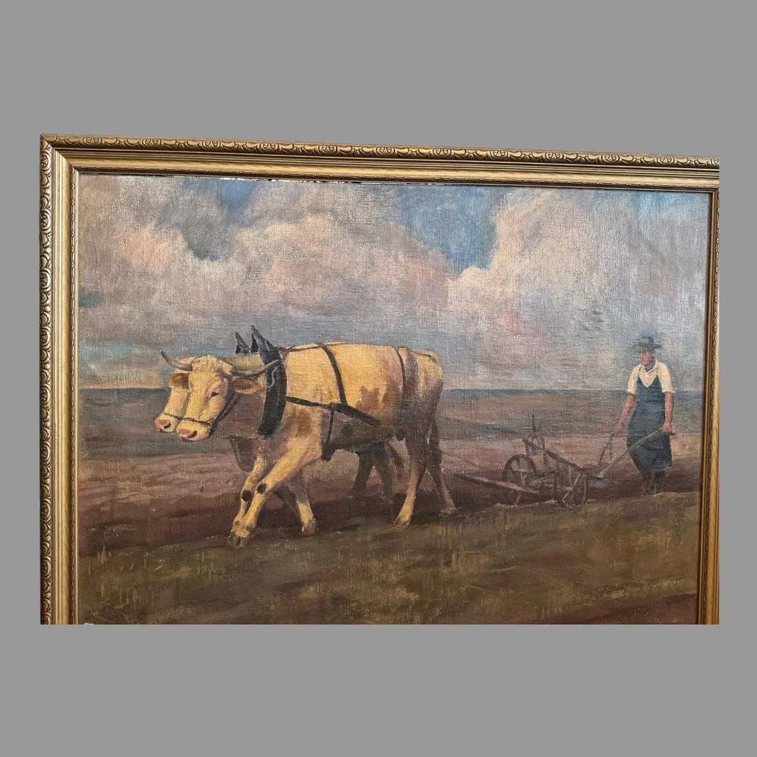 Antique Impressionist Landscape Oil Painting Oxen Working in the Field 1941 - 4