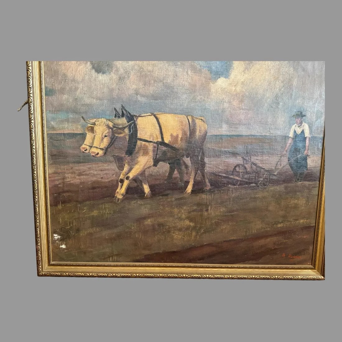 Antique Impressionist Landscape Oil Painting Oxen Working in the Field 1941 - 5