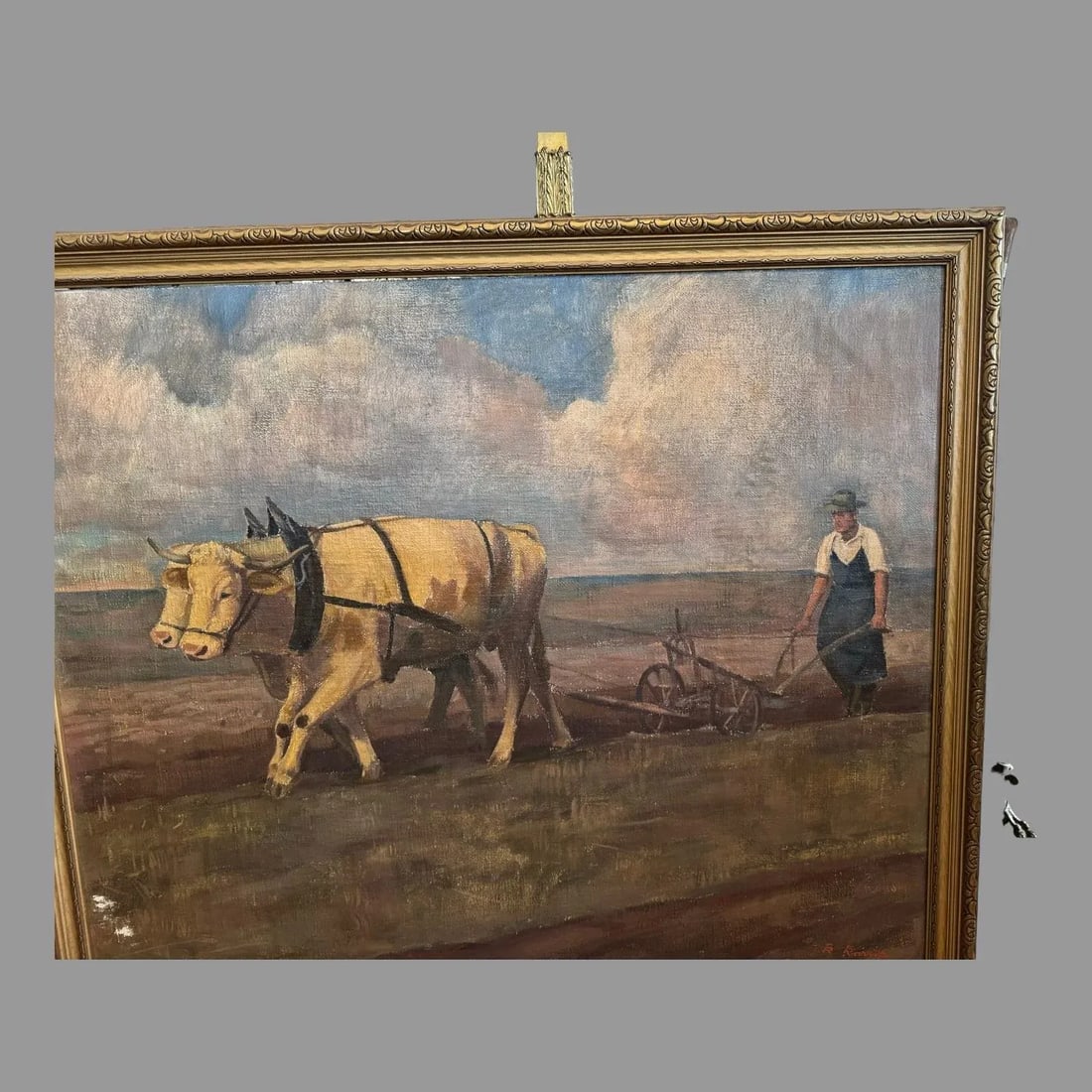 Antique Impressionist Landscape Oil Painting Oxen Working in the Field 1941 - 6