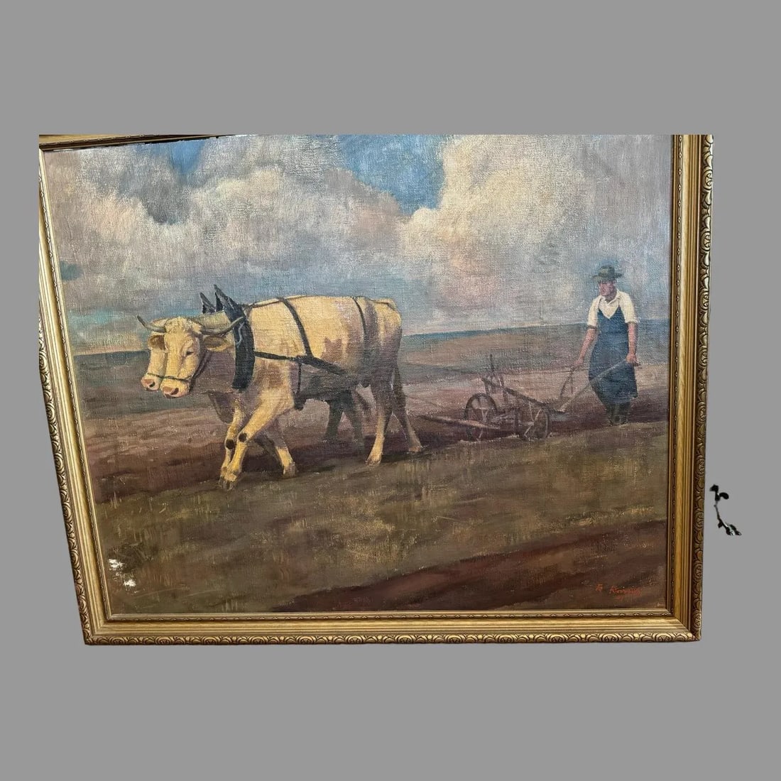 Antique Impressionist Landscape Oil Painting Oxen Working in the Field 1941 - 7