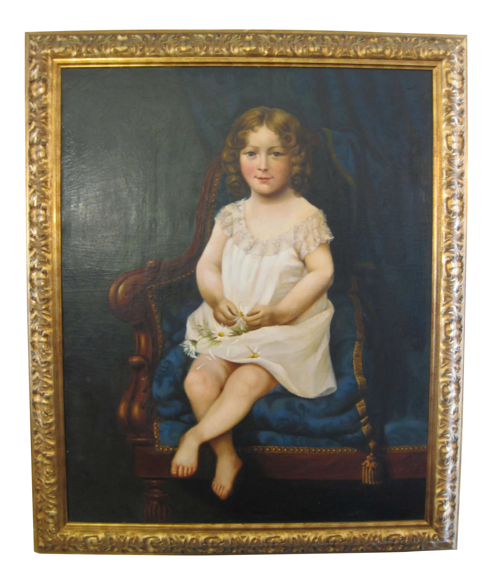 Antique Portrait of Young Girl With Daisies Painting: Antique portrait of a young girl holding with daisies. Circa: 1800-1899. Oil on canvas. Unsigned. 4.5" ornate gilded gold wooden frame. 39" L x 46" H x 3.5" D F4 Condition: Alterations: Original