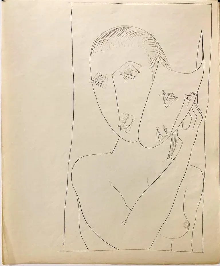 1950s "Mask" Mid Century Nude Ink Figure Drawing Nyc Artist - 2