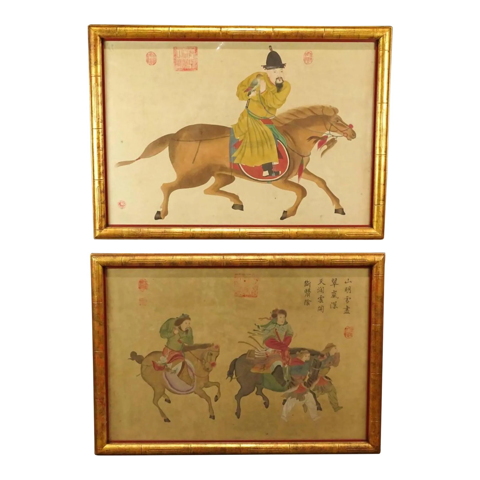 Pair of 19th Century Chinese Equestrian Horse Paintings in Watercolor: 19th century Chinese watercolors of horsemen. With artists stamp or han. Very well executed paintings. Exact dimensions each are 27.5 by 38.5 Condition: Alterations: Original Condition Unaltered