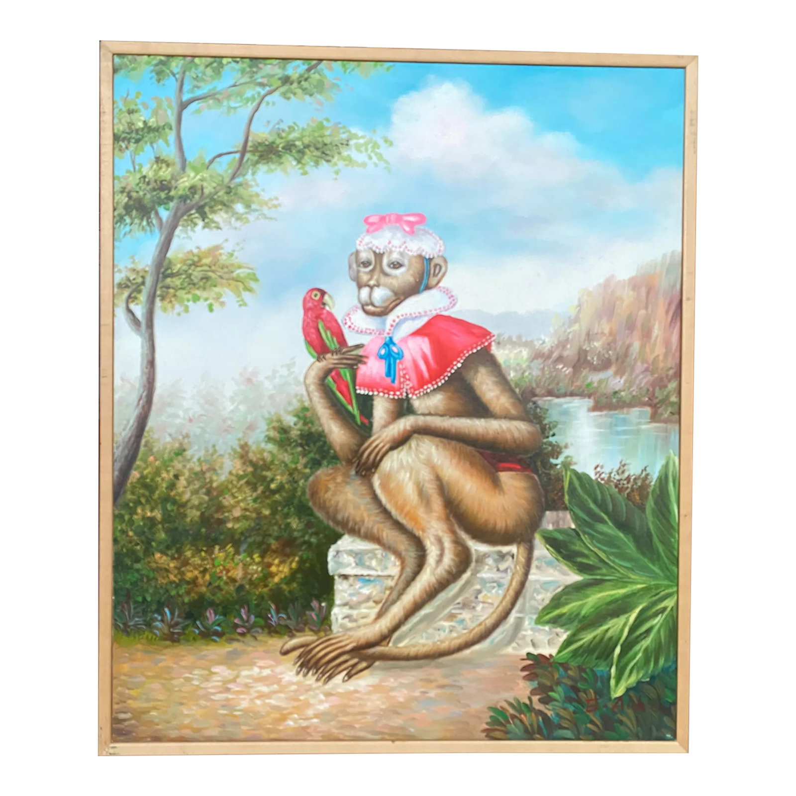 Vintage Dressed Monkey Portrait Painting: Charming anthropomorphic portrait of a monkey posing with parrot on its hand. Hand painted on stretchered canvas. Can be hung as is or put into a frame. Condition: Alterations: Original Condition