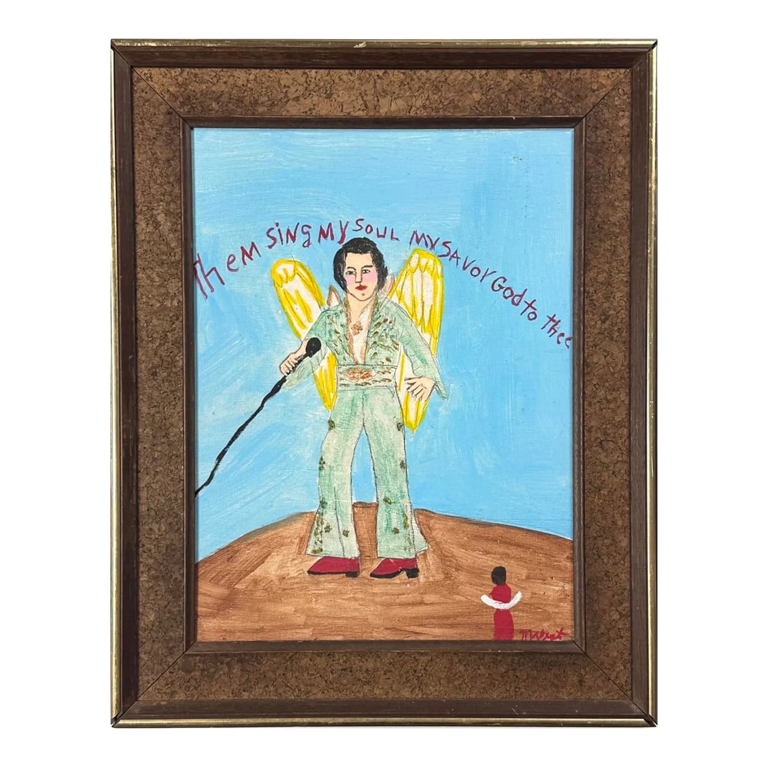 Myrtice West (1923-2010) - Outsider Singing Angel Elvis Painting, Signed (Oil on Board): Myrtice West (1923-2010) - Outsider Singing Angel Elvis Painting, Signed (Oil on Board). Portrait of Elvis as an Angel singing with the text: "Them Sing My Soul My Savor God to Thee". Glitter