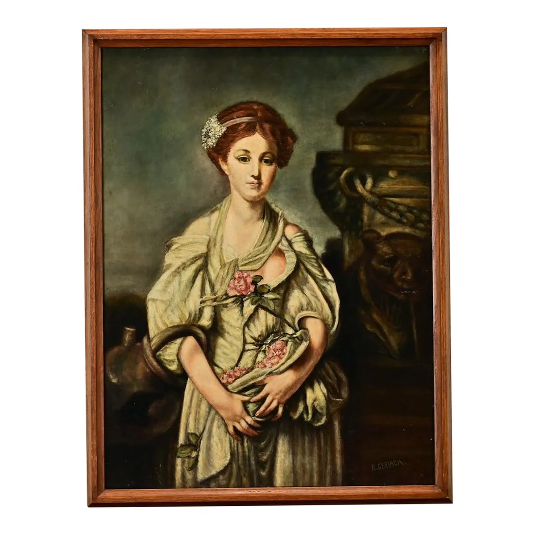 Framed Tribute Portrait of a Lady, Signed by the Artist: A vintage French tribute painting inspired by "The Broken Vessel" (La Cruche cassee) originally painted by Jean-Baptiste Greuze circa 1771, now held at the Louvre in Paris. Before that it was part of