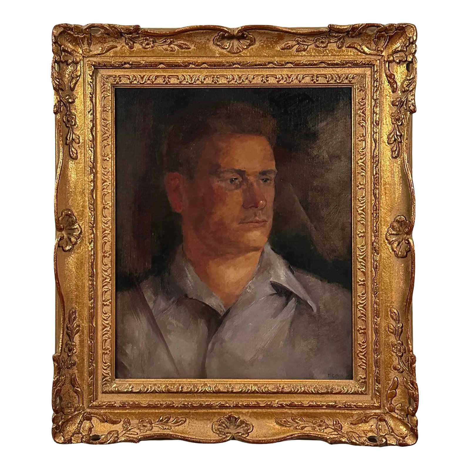 Vintage Modernist Portrait of Man in Carved Gilt Frame, Signed (1947, Oil on Canvas): Vintage Modernist Portrait of Man in Carved Gilt Frame, Signed (1947, Oil on Canvas). 3/4 profile of a man in a grey collared shirt. Housed in a carved gilt frame. Signed and dated in the lower right