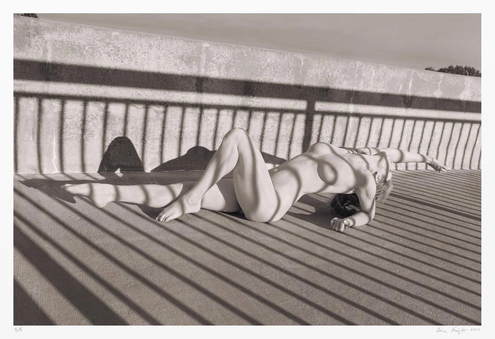 Signed Original "Vivid Shadows 2/5" Contemporary Figurative Nude Woman Photograph by Aaron Knight: Typical dispatch time is 7 business days. From a limited edition of 5 archival photographs Signed and numbered by artist Aaron Knight Image: 24*36 inches/61*91 cm Paper: 26*38 inches/66*97 cm This is