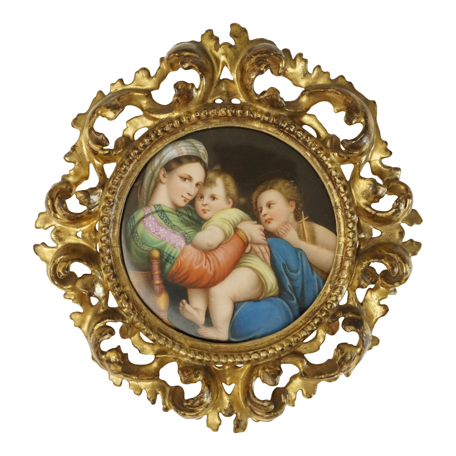 Late 19th Century Painting on Porcelain Plaque Madonna of the Chair Florentine Frame Religious Gift: Antique hand-painted porcelain plaque portraying the iconic "Madonna of the Chair" after Raphael Sanzio, whose original masterpiece is housed in the Palazzo Pitti in Florence. The artwork beautifully