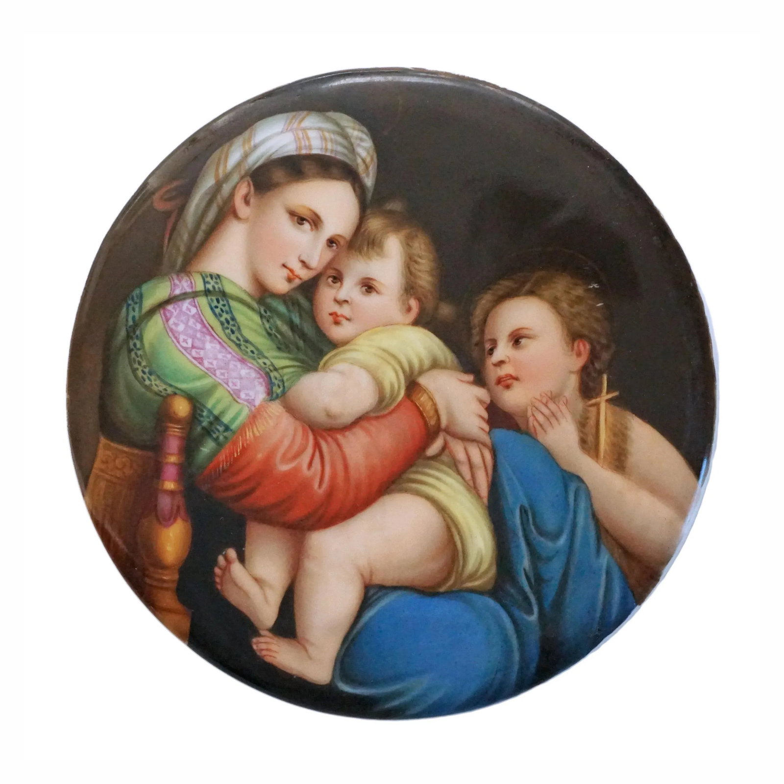 Late 19th Century Painting on Porcelain Plaque Madonna of the Chair Florentine Frame Religious Gift - 2