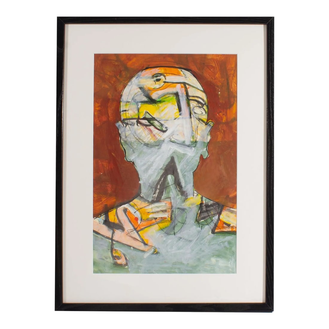 Abstract Mixed Media Painting by James L. Bruch: An abstract mixed media painting by the American artist James L. Bruch (1942-2023). This painting depicts a silhouette of a figure upon a dark red ground. Transverse strokes of yellow, orange, white,