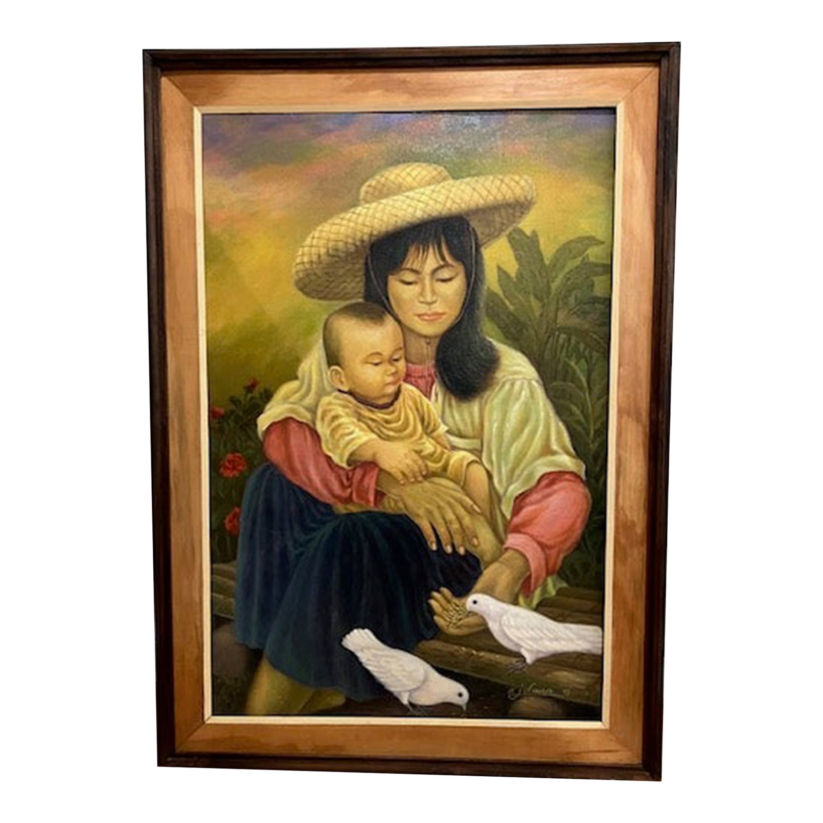 1990s Mother and Child Painting From Southeast Asia, Framed: A lovely oil painting of a mother and child in a countryside in the Philippines . The painting is about 26 years old. The frame is old and worn but the painting itself is still as bright and