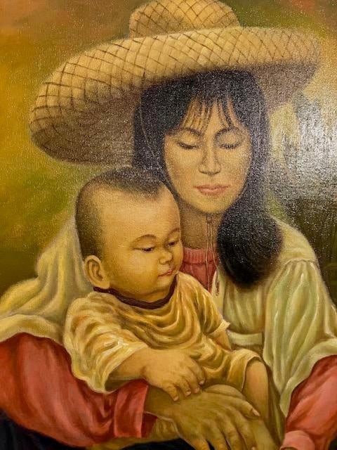 1990s Mother and Child Painting From Southeast Asia, Framed - 3