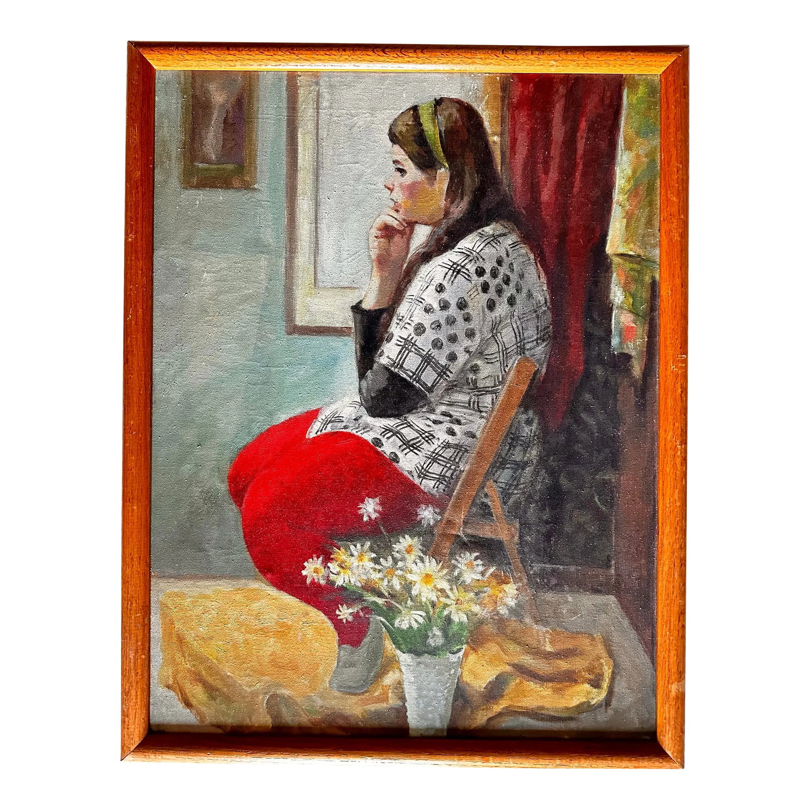 Mid 20th Century Modernist Figure Portrait Painting Oil on Canvas Unsigned, Framed: This is a very unique painting in that it depicts the sitter in profile in a very mid-century modern setting with period style and clothing. It is a lovely oil on canvas painting that is unsigned and