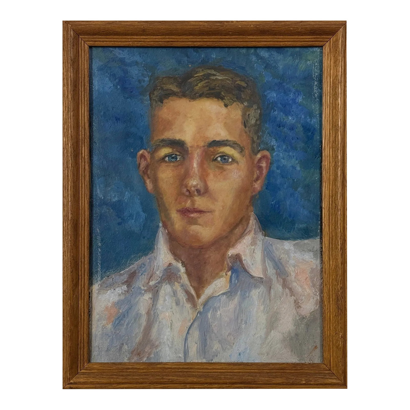 Vintage Expressionist Folk Art Portrait of Young Man, Oil on Board: Vintage Expressionist Portrait of Young Man, Oil On Board. Housed under glass in a wood frame. No signature found. In good condition with wear consistent with age. Not inspected out of the frame.