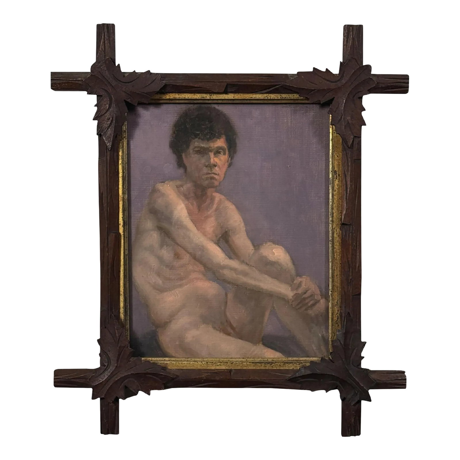 Vintage Expressionist Male Nude Study in Antique Frame, Oil on Canvas Paper: Vintage Expressionist Nude Study in Antique Frame, Oil on Canvas Paper. Seated male study against a purple background. Housed under glass in an antique carved wood frame. In good condition with wear