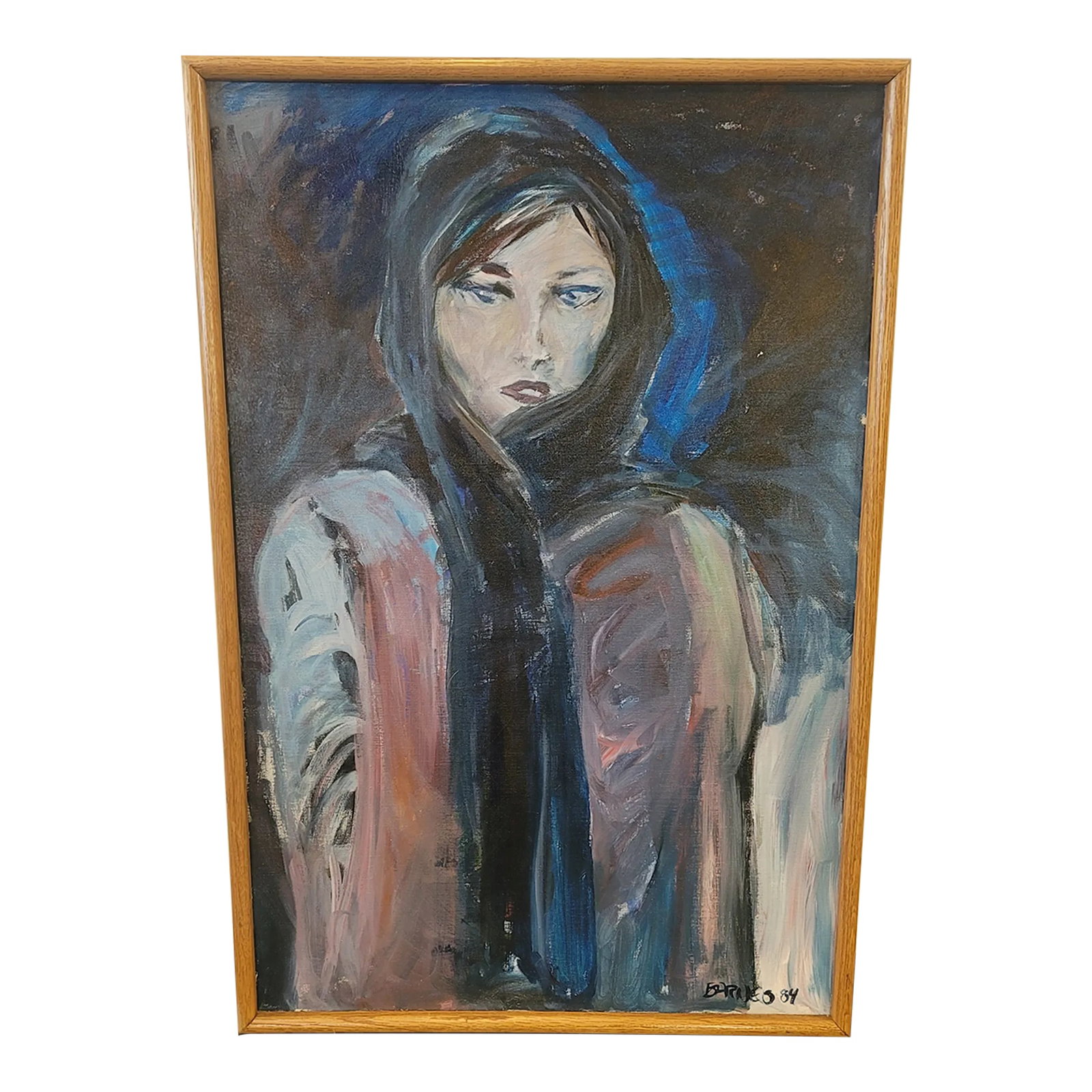 Painting Woman in Cape by Fabulous Painter Barnes 1984 !: A wonderful interpretation of a sultry woman in a cape . This masterpiece painted in 1984 by: Barnes Oak frame on canvas. Condition: Alterations: Original Condition Unaltered Imperfections: Some