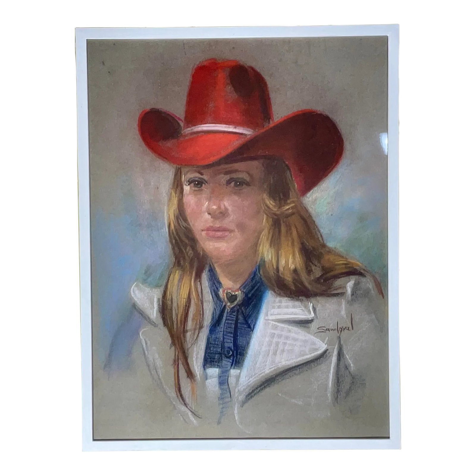 Portrait of a Woman in Red Hat: Elegant watercolor painting of a beautiful woman in red cowboy hat, originally painted by Texas artist, signed . Nice hand painted wood frame with protective acrylic like glass . Great decorative