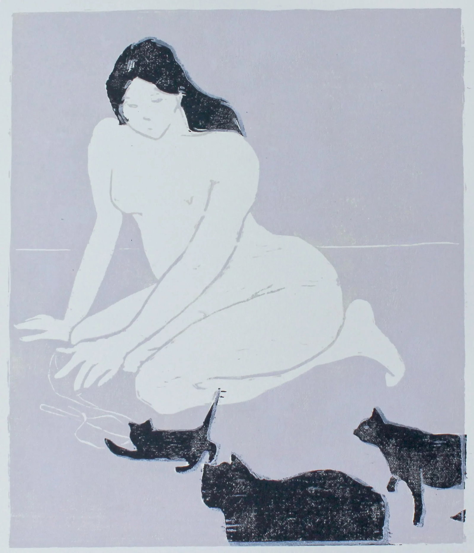 Cat Lady Original Woodblock Print by Michelle Farro: This item is a one of a kind, original woodblock print called "Cat Lady." details: *image size: 8"W x 10.5"H *paper size" 11"W x 14"H *printmaking ink on fine art paper the process: After drawing my