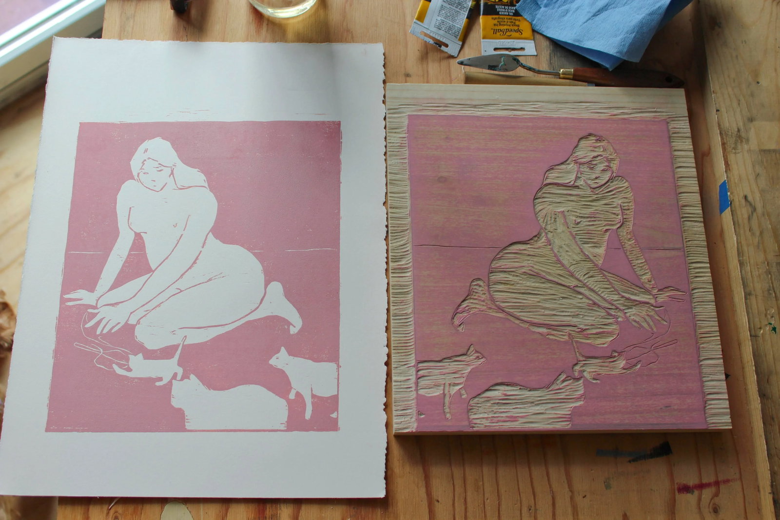 Cat Lady Original Woodblock Print by Michelle Farro - 8