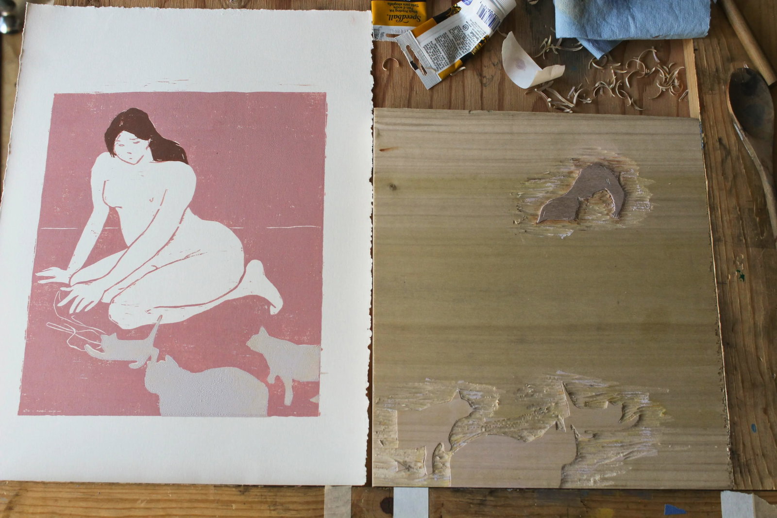 Cat Lady Original Woodblock Print by Michelle Farro - 9
