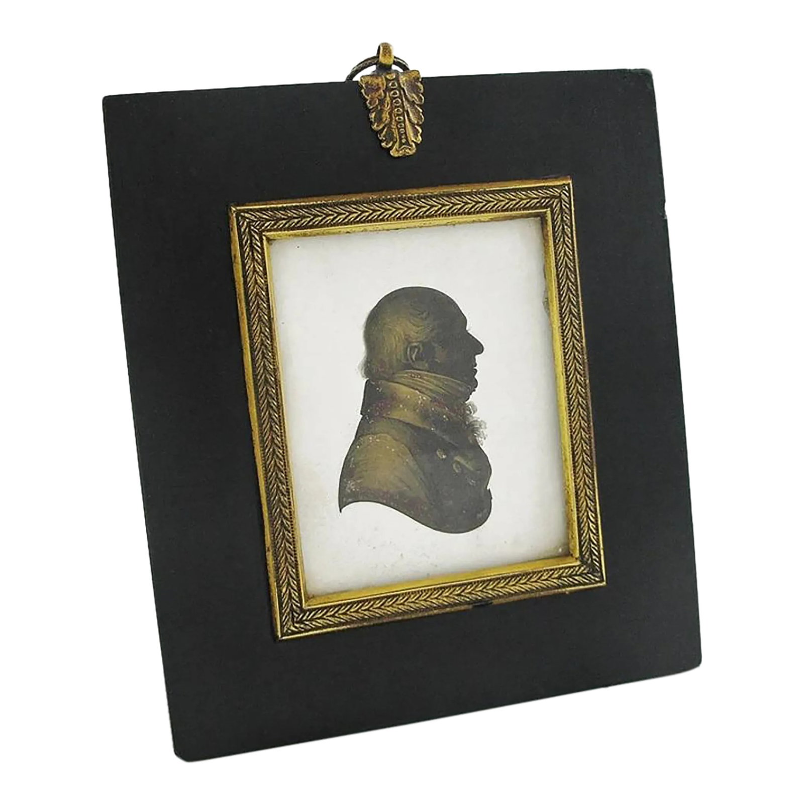 Miers & Field London Silhouette Miniature Portrait of Gentleman in Profile Antique: A gentleman, in profile to right, in coat and frilled cravat antique bronzed silhouette portrait by Miers & Field, 111 Strand, London, with trade label. John Miers (1756-1821) is considered the