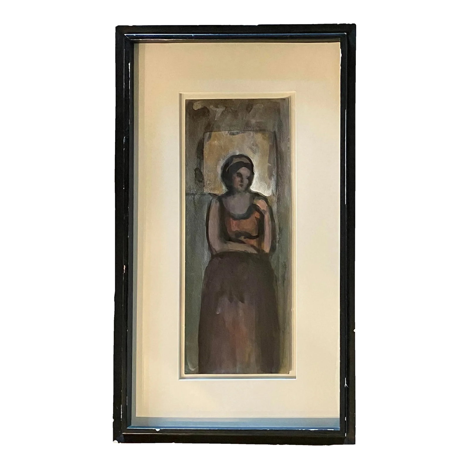 Demure Watercolor of Woman in Thoughtful Pose: An enigmatic portrait of a demure woman in a thoughtful pose. Deep, rich gouache and watercolor original painting, framed in the mid-20th century. Artwork appears to be slightly older, dating to the 1