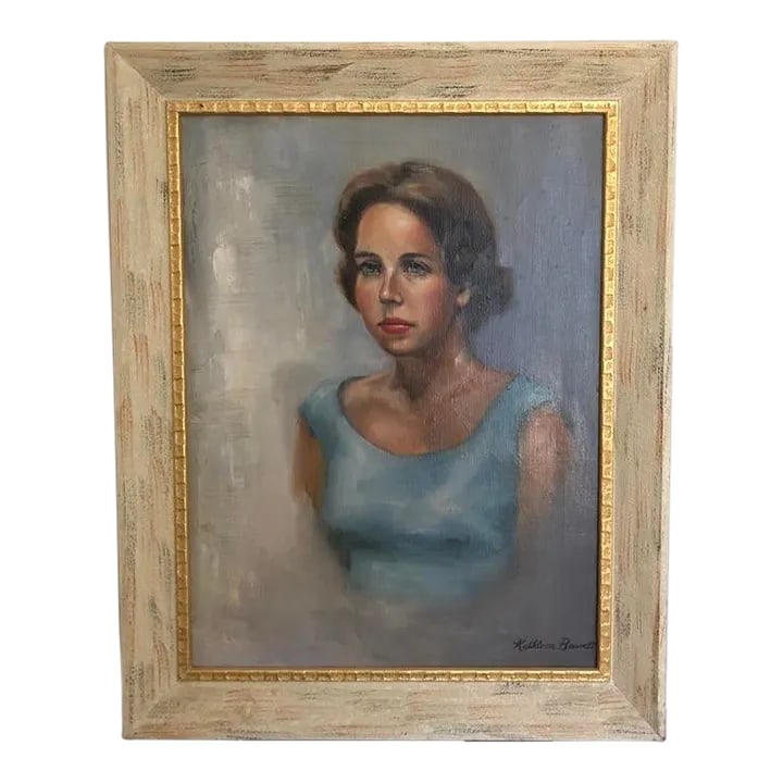 Portrait Oil Painting of a Mid Century Women, Framed: The deb that was, Mid century modern oil portrait of a young woman in a blue dress with blue eyes 23 x 29 tall signed Kathleen Barrett, framed in an antique white wood frame with a gold edging.