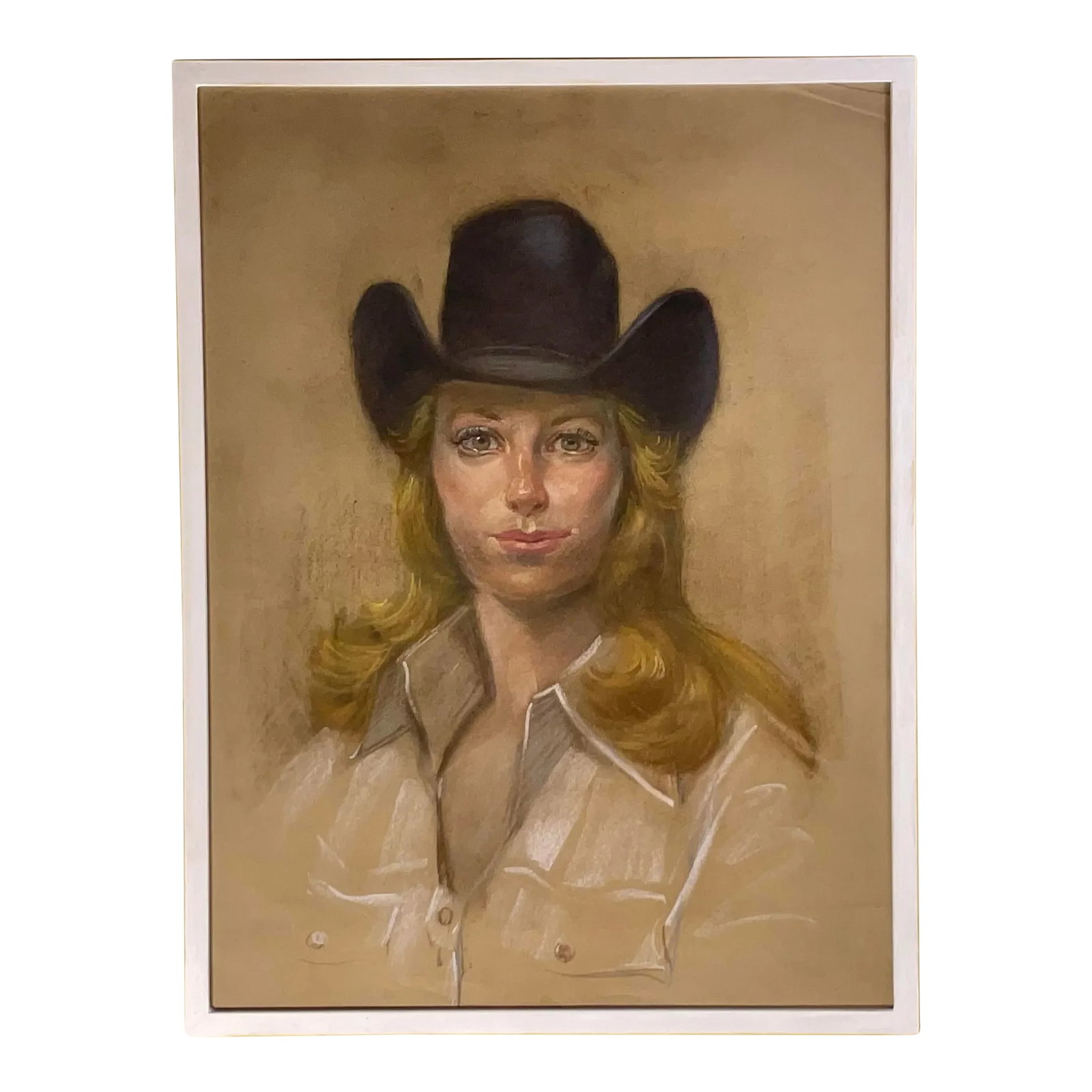 Portrait of a Woman in Black Hat: Elegant watercolor painting of a beautiful woman in black cowboy hat, originally painted by Texas not signed . Nice hand painted wood frame with protective acrylic like glass . Great decorative Americ