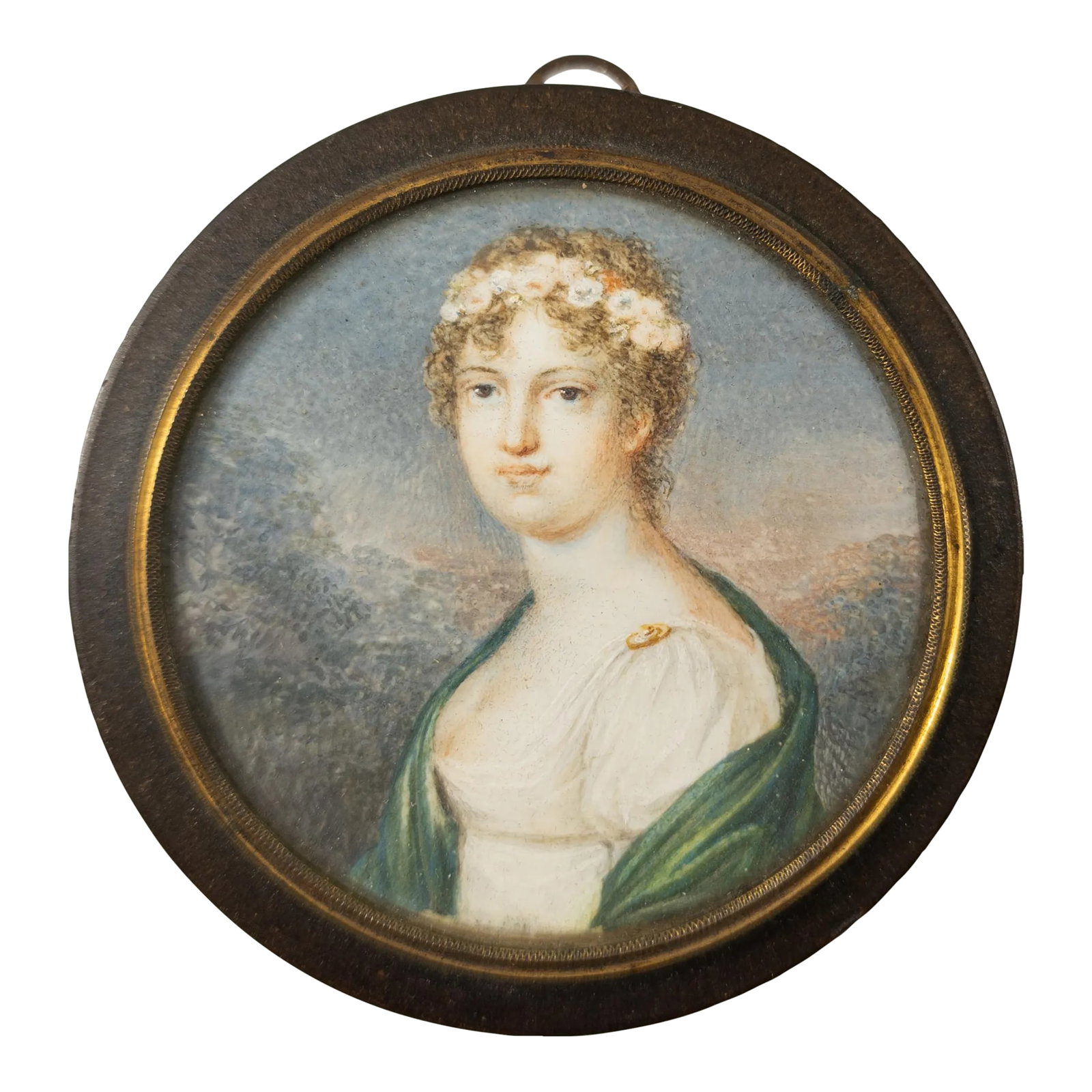 19th Century English or French Miniature Watercolor Portrait of a Lady: We are selling this very fine miniature watercolor painting. This painting appears to be French or English and features a very well painted young woman in a backroom, it is surprisingly unsigned but