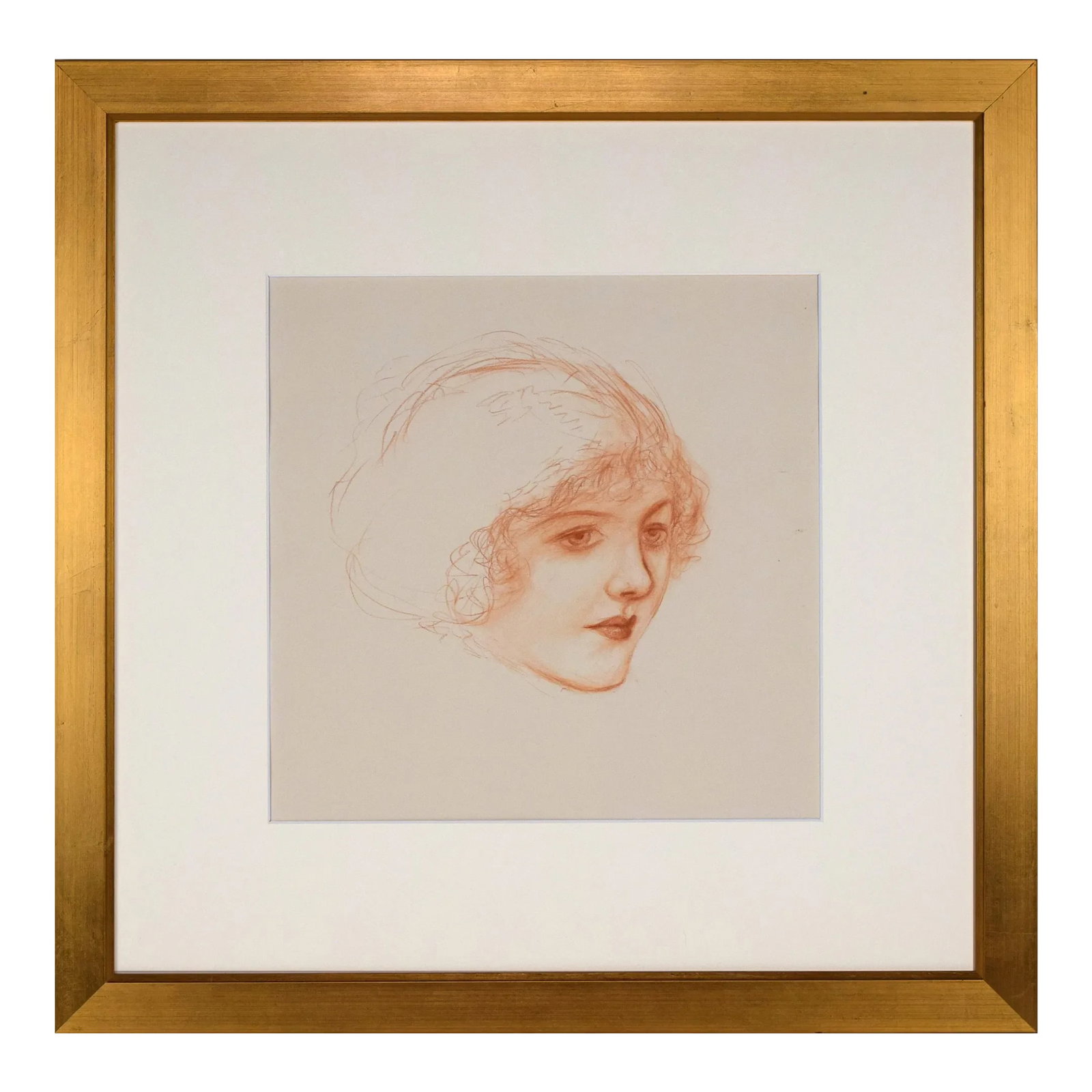 Antique Art Deco Portrait Drawing of a Woman by Charles Sheldon C. 1920s: Charming, antique art nouveau portrait drawing of a silent film star by well listed illustrator artist Charles Sheldon. Conte on paper presented in cream colored matting and a giltwood frame. Circa 19